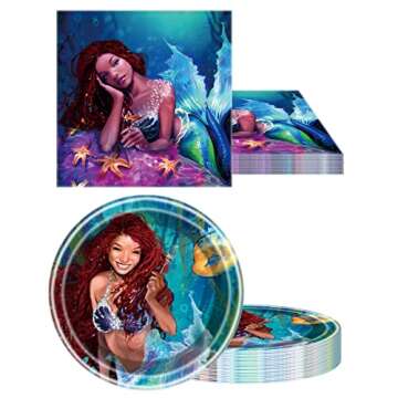 SWEYOGURT 2023 Little Mermaid Party Tableware, Mermaid 20 Plates 20 Napkins and Tablecloths 42 * 71inch,Black Mermaid Ariel Party Decoration Supplies