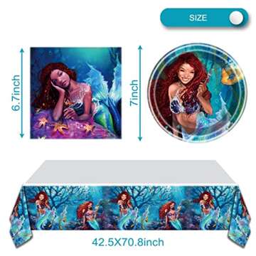 SWEYOGURT 2023 Little Mermaid Party Tableware, Mermaid 20 Plates 20 Napkins and Tablecloths 42 * 71inch,Black Mermaid Ariel Party Decoration Supplies