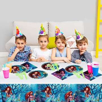 SWEYOGURT 2023 Little Mermaid Party Tableware, Mermaid 20 Plates 20 Napkins and Tablecloths 42 * 71inch,Black Mermaid Ariel Party Decoration Supplies