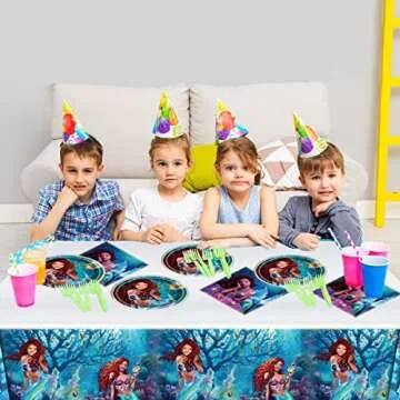 SWEYOGURT 2023 Little Mermaid Party Tableware, Mermaid 20 Plates 20 Napkins and Tablecloths 42 * 71inch,Black Mermaid Ariel Party Decoration Supplies
