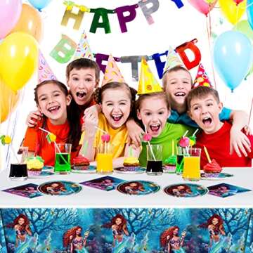 SWEYOGURT 2023 Little Mermaid Party Tableware, Mermaid 20 Plates 20 Napkins and Tablecloths 42 * 71inch,Black Mermaid Ariel Party Decoration Supplies