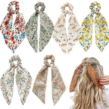 Chiffon Floral Scrunchies with Bowknot Hair Ties - 6 Pcs Bows, Elastic Ropes, Long Tails, and Hand B...