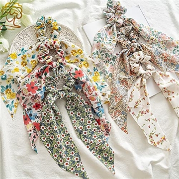 Chiffon Floral Scrunchies with Bowknot Hair Ties - 6 Pcs Bows, Elastic Ropes, Long Tails, and Hand Bands