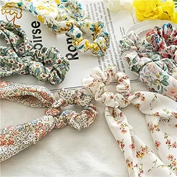 Chiffon Floral Scrunchies with Bowknot Hair Ties - 6 Pcs Bows, Elastic Ropes, Long Tails, and Hand Bands