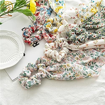 Chiffon Floral Scrunchies with Bowknot Hair Ties - 6 Pcs Bows, Elastic Ropes, Long Tails, and Hand Bands