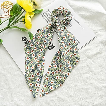 Chiffon Floral Scrunchies with Bowknot Hair Ties - 6 Pcs Bows, Elastic Ropes, Long Tails, and Hand Bands