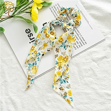 Chiffon Floral Scrunchies with Bowknot Hair Ties - 6 Pcs Bows, Elastic Ropes, Long Tails, and Hand Bands