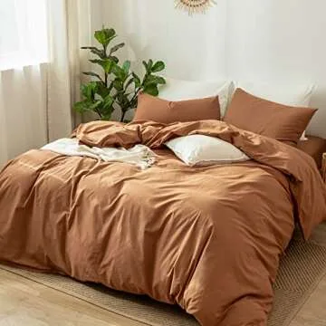 MooMee Bedding Duvet Cover Set 100% Washed Cotton Linen Like Textured Breathable Durable Soft Comfy (Dark Orange, King)