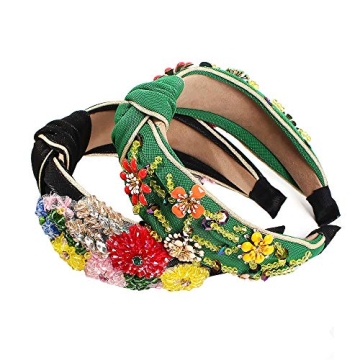 QTMY 2 Pack Beaded Crystal Wide Vintage Statement Headbands Knotted Turban Headband Hairband Elastic...