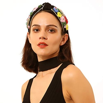 QTMY 2 Pack Beaded Crystal Wide Vintage Statement Headbands Knotted Turban Headband Hairband Elastic Hair Hoops Fashion Hair Accessories for Women Girls