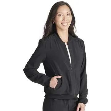 Cherokee Women's Zip Front Bomber Jacket with 2 Pockets with 360° Stretch Technology - CK349A, S, Black