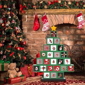 Wooden Advent Calendar, 2024 Countdown Christmas Tree Advent Calendar with 24 Storage Drawers, DIY R...