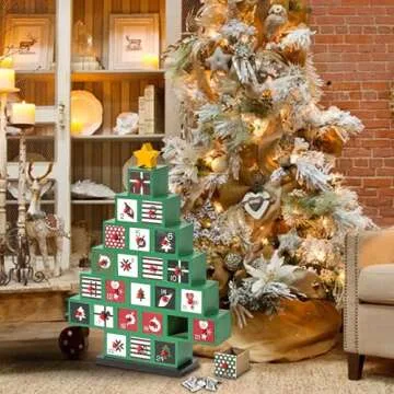 Wooden Advent Calendar, 2024 Countdown Christmas Tree Advent Calendar with 24 Storage Drawers, DIY Reusable Advent Calendars Box for Kids, Family, Adult