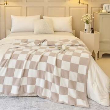 Ultra Soft Cozy Checkered Knitted Throw Blanket Fluffy Microfiber Checkerboard Bed Blanket Lightweig...