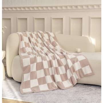Ultra Soft Cozy Checkered Knitted Throw Blanket Fluffy Microfiber Checkerboard Bed Blanket Lightweight Both Sides Blanket for Couch Sofa Bed (Cream, Throw 50“x60”)