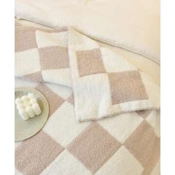 Ultra Soft Cozy Checkered Knitted Throw Blanket Fluffy Microfiber Checkerboard Bed Blanket Lightweight Both Sides Blanket for Couch Sofa Bed (Cream, Throw 50“x60”)
