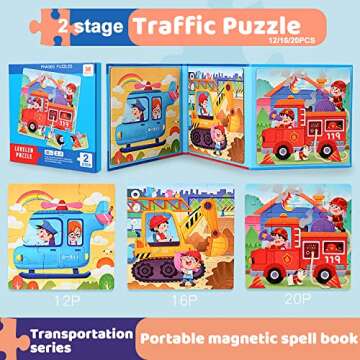 ZRCCOX Magnetic Puzzles for Kids Ages 4 5 6 7 8, Three Wooden Jigsaw Puzzles 48 Piece, Fire Truck Pu...