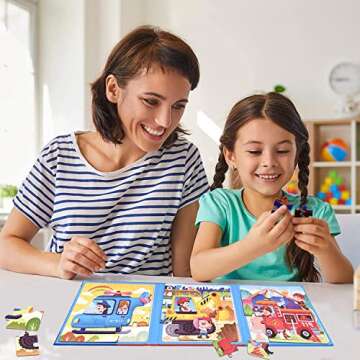 ZRCCOX Magnetic Puzzles for Kids Ages 4 5 6 7 8, Three Wooden Jigsaw Puzzles 48 Piece, Fire Truck Puzzles Book for Toddlers Puzzles Party Favors for Girls and Boys, Travel Games and Toys for Kids