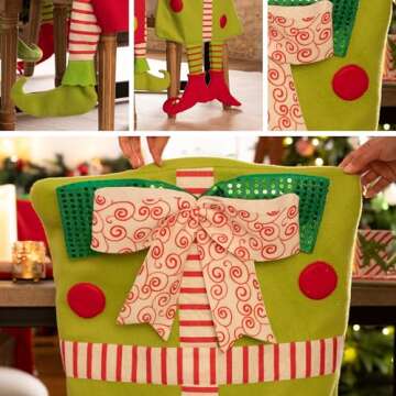 Valery Madelyn 2 Pack Delightful Elf Christmas Chair Covers with Elf Legs, Dining Chair Slipcovers Red Green White Chair Back Covers for Xmas Holiday Home Kitchen Decorations Dining Room, Office