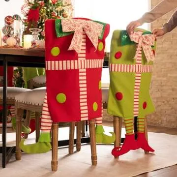 Valery Madelyn 2 Pack Delightful Elf Christmas Chair Covers with Elf Legs, Dining Chair Slipcovers Red Green White Chair Back Covers for Xmas Holiday Home Kitchen Decorations Dining Room, Office