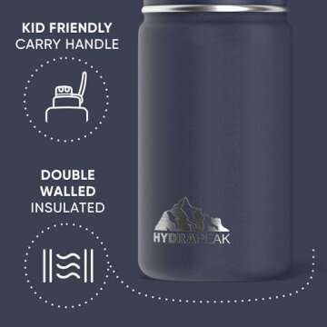Hydrapeak Mini 14oz Water Bottle with Straw Lid, Stainless Steel Double Wall Insulated Water Bottle | Leak-Proof and Spill-Proof Water Bottle, 24 Hours Cold (Navy)
