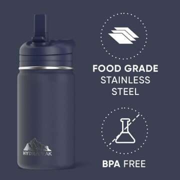 Hydrapeak Mini 14oz Water Bottle with Straw Lid, Stainless Steel Double Wall Insulated Water Bottle | Leak-Proof and Spill-Proof Water Bottle, 24 Hours Cold (Navy)