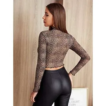 Floerns Women's Long Sleeve Sheer Mock Neck Crop Top in Multicolor Leopard