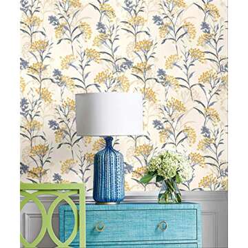 Blooming Wall DPY08 Peel&Stick Handpainting Watercolor Seamless Fresh Yellow Floral with Blue Leaves Self-Adhesive Prepasted Wallpaper Wall Mural Wall Decor