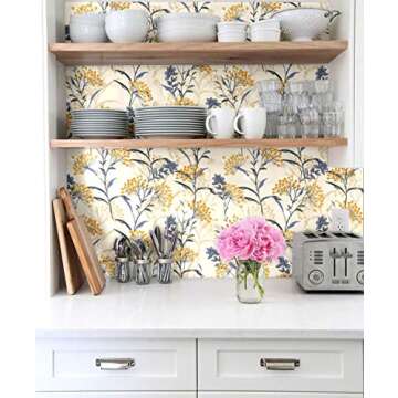 Blooming Wall DPY08 Peel&Stick Handpainting Watercolor Seamless Fresh Yellow Floral with Blue Leaves Self-Adhesive Prepasted Wallpaper Wall Mural Wall Decor