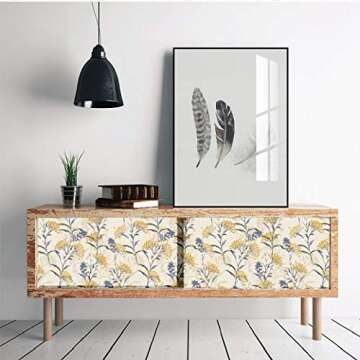 Blooming Wall DPY08 Peel&Stick Handpainting Watercolor Seamless Fresh Yellow Floral with Blue Leaves Self-Adhesive Prepasted Wallpaper Wall Mural Wall Decor