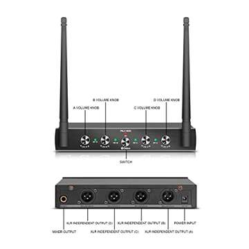 D Debra Audio AU400 Pro UHF 4 Channel Wireless Microphone System with Cordless Handheld Lavalier Headset Mics, Metal Receiver, Ideal for Karaoke Church Party (with 4 Bodypack (B))