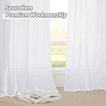 RYB HOME Linen Sheer Curtains for Living Room Textured Semi Sheer Curtains Large Window Treatment for Bedroom Patio Door, White, 52 inch Width x 108 inch Length, 2 Panels