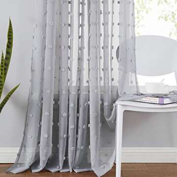 Metro Parlor Pom Pom Grey Sheer Curtains 95 Inches Long for Bedroom, Boho Decorative Rod Pocket Voile Window Drapes for Living Room Bedroom, 38" W 2 Panels