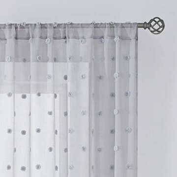 Metro Parlor Pom Pom Grey Sheer Curtains 95 Inches Long for Bedroom, Boho Decorative Rod Pocket Voile Window Drapes for Living Room Bedroom, 38" W 2 Panels