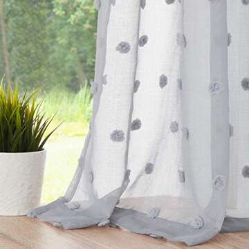 Metro Parlor Pom Pom Grey Sheer Curtains 95 Inches Long for Bedroom, Boho Decorative Rod Pocket Voile Window Drapes for Living Room Bedroom, 38" W 2 Panels