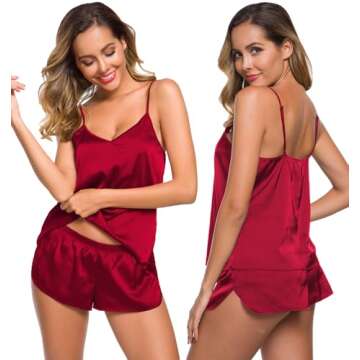 SWOMOG Women Satin Pajamas 4pcs Pajama Set Sexy Cami Shorts Set and Button Down Long Sleeve Pjs Loun...