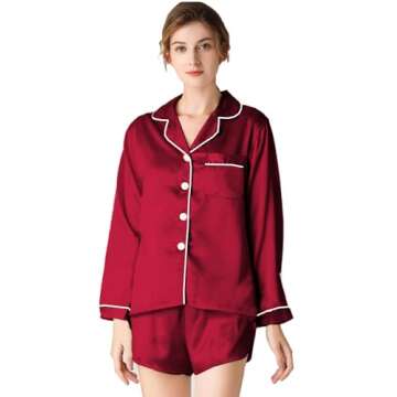SWOMOG Women Satin Pajamas 4pcs Pajama Set Sexy Cami Shorts Set and Button Down Long Sleeve Pjs Loungewear Sleepwear Dark Red,Medium