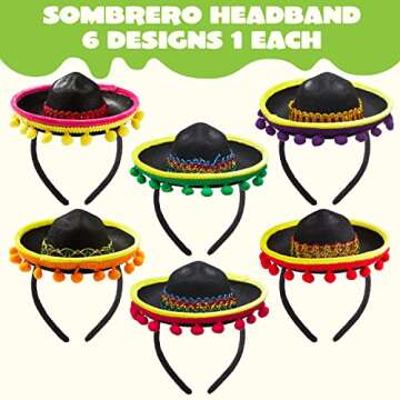 JOYIN 6 PCS Cinco De Mayo Fiesta Fabric Sombrero Headbands Party Costume for Fun Fiesta Hat Party Supplies, Luau Event Photo Props, Mexican Theme Decorations and Party Favors