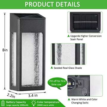 ARMXY Solar Outdoor Lights, Metal Seeded Glass Solar Fence Lights, Auto On/Off Waterproof Solar Wall Lights,Warm/Color Changing Light Solar Lights for Wall Fence Patio Yard Porch Garden Decor,4 Pack