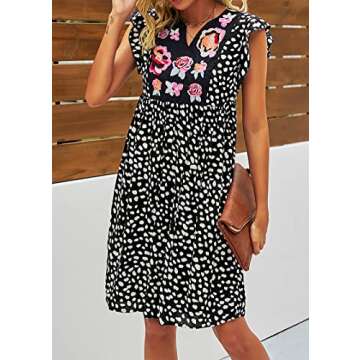 kirundo Womens 2021 Summer Leopard Mini Dress V Neck Bohemia Swing Dress Sleeveless Flowy Loose Badydoll Dress Black Medium
