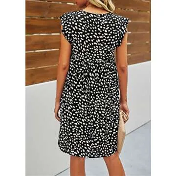kirundo Womens 2021 Summer Leopard Mini Dress V Neck Bohemia Swing Dress Sleeveless Flowy Loose Badydoll Dress Black Medium