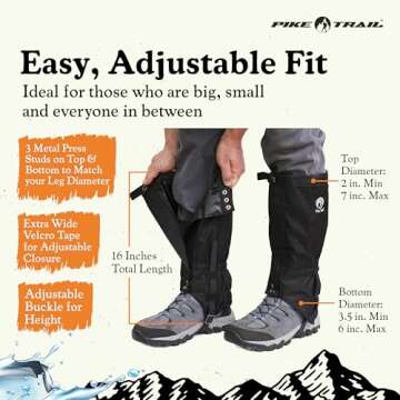 Pike Trail Adjustable Leg Gaiters - Lightweight Waterproof Gear