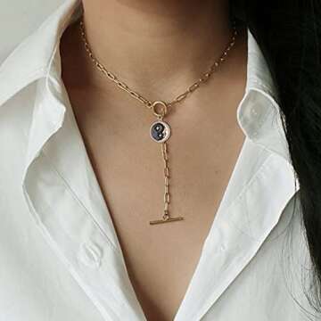 DoreenBeads Gold Paperclip Chain Necklace for Women-18K Gold Plated Man in the Moon Charm Pendant Toggle Paper Clip Chain Necklace for Women Celestial Jewelry Gifts 20"