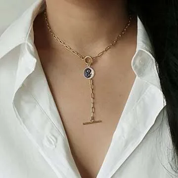 DoreenBeads Gold Paperclip Chain Necklace for Women-18K Gold Plated Man in the Moon Charm Pendant Toggle Paper Clip Chain Necklace for Women Celestial Jewelry Gifts 20"