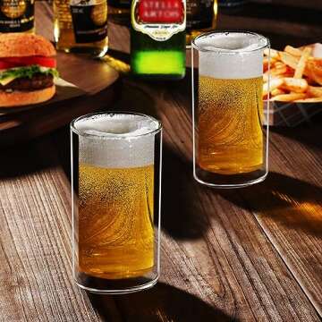 Sun's Tea 13oz Ultra Clear Strong Double Wall Thermal Insulated Highball Drinking Glasses for Beer, Coffee, Juice, Smoothie, Mojito, Soda, Milk and Mixed Beverages, Set of 2 (real glass, not-plastic)