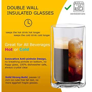 Sun's Tea 13oz Ultra Clear Strong Double Wall Thermal Insulated Highball Drinking Glasses for Beer, Coffee, Juice, Smoothie, Mojito, Soda, Milk and Mixed Beverages, Set of 2 (real glass, not-plastic)