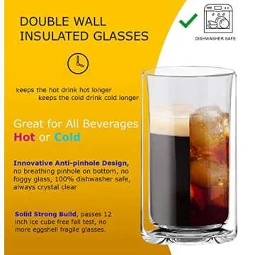 Sun's Tea 13oz Ultra Clear Strong Double Wall Thermal Insulated Highball Drinking Glasses for Beer, Coffee, Juice, Smoothie, Mojito, Soda, Milk and Mixed Beverages, Set of 2 (real glass, not-plastic)