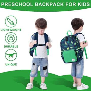VASCHY Toddler Kids Backpack for Boys, Cute Lightweight Water Resistant Preschool Backpack for Children Kindergarten Bookbag Dinosaur