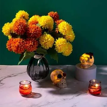 Artificial Marigold Flowers, 4 Pack 12 Inch Silk Marigold Flower Heads Bouquet for Day of The Dead Decor Halloween Decoration Dia De Los Muertos Home Decoration, Orange & Yellow