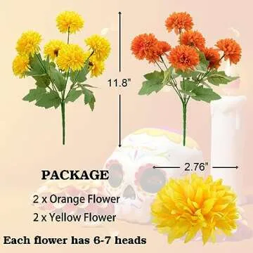 Artificial Marigold Flowers, 4 Pack 12 Inch Silk Marigold Flower Heads Bouquet for Day of The Dead Decor Halloween Decoration Dia De Los Muertos Home Decoration, Orange & Yellow
